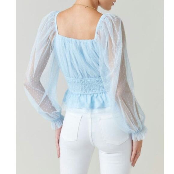 Audrey Parks Soft Blue Tulle Blouse Sheer Long Sleeve Crop V-Neck Size Large - Picture 2 of 10